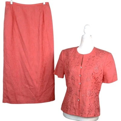 Conjunto de 8 Falda Midi Traje Flores Bordadas Vintage Y2K Rosa Coral LINO ALGODÓN Foto 1 de 4