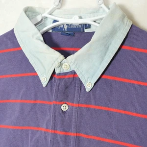 VTG POLO Ralph Lauren Blue Red Striped Polo Men's Shirt Size L Blue Denim Collar - Picture 1 of 9