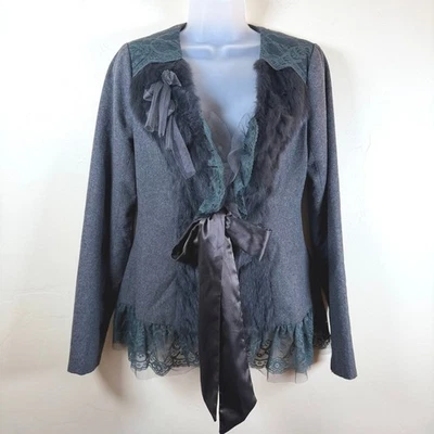 Jaqueta Anthropologie Ryu lã renda pele de coelho tamanho pequeno cinza cetim gravata romântica - Imagem 1 de 4