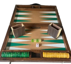 Backgammon Set Vtg Wood & Cork Drueke Blue Chip Game Company Green Butterscotch - Picture 1 of 13