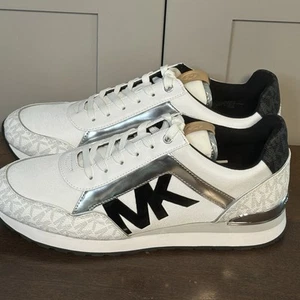 Michael Kors Shoes Sneakers Silver White Women's 10M Maddy Two-Tone Logo Trainer - Picture 1 of 15