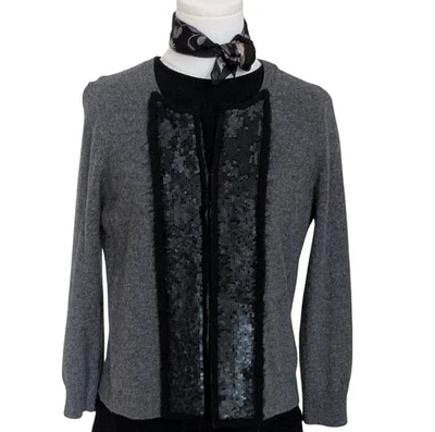 Bloomingdale's Aqua Grey Cashmere Cardigan With Black Lace Trim Women's Size Med - Image 1 of 4