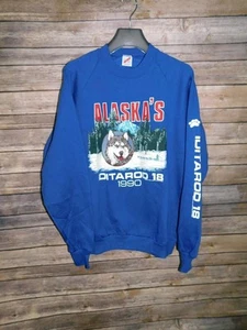 Vintage 1990 Alaska Iditarod 18 Sweatshirt Size L Blue Husky Dog Musher Jerzees - Picture 1 of 6