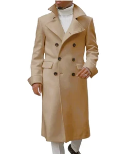 NEW Khaki Brown Double-Breasted Long Overcoat Winter Trench Coat Mens sz L - Picture 1 of 9