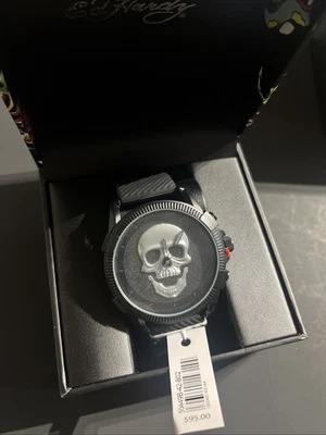 Reloj de pulsera para hombre Ed Hardy plateado cara calavera correa de silicona negra regalo para papá Foto 1 de 4