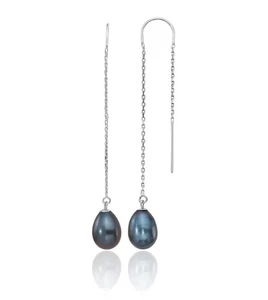 14K Solid White Gold 7mm Black Teardrop Freshwater Cultured Pearl Threader ... - Picture 1 of 11