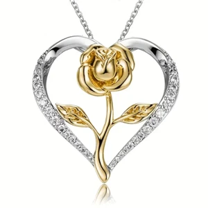 Women Heart-shaped Golden Rose Flower Pendant Necklace Holiday Party Fashion New - Picture 1 of 2