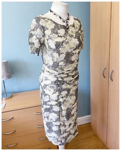 M&S Collection Dress Size 12 Ruched Grey Yellow Floral Straight Stretch Party - Picture 1 of 15