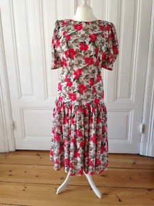 ERE Maxi Midi-Kleid 36 Blumen weiß rot grau Puff-Ärmel True Vintage 80er/90er - Bild 1 von 12