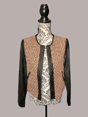  NUEVO CON ETIQUETAS BCBG Maxazria Chaqueta Recortada Tweed/Imitación Cuero Cremallera Talla S Multicolor  Foto 1 de 4