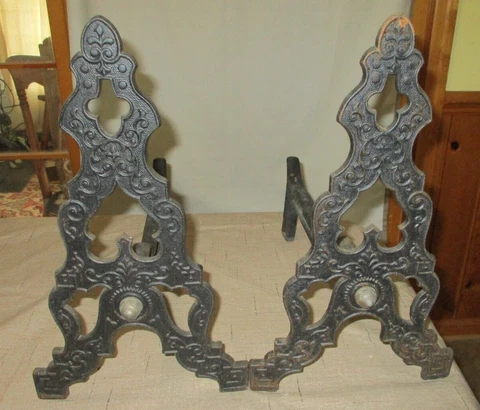 Antique Unique Patented Fleur di Lis Heavy Duty Cast Iron Andirons Firedogs Cover