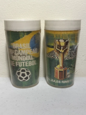 2 plastic glasses World Cup FIFA Mexico 70 Soccer 5.2” Jules Rimet Pele •rare Cover