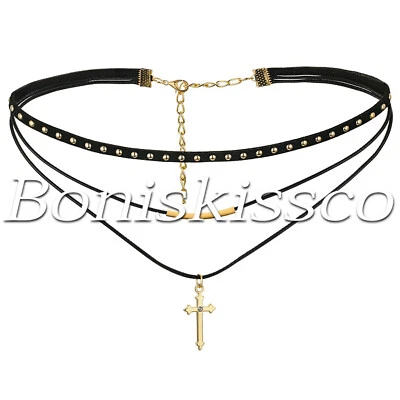 Gargantilla colgante cruz tachonada cuello tatuaje terciopelo multicapa para mujer Foto 1 de 2