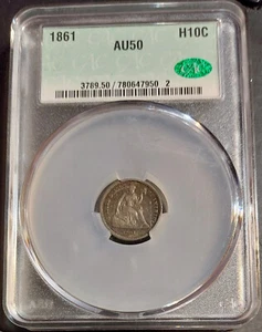 1861 US H10c HALF DIME Coin JUST GRADED New CAC AU50 Slabbed, Lovely UNC Reverse - Picture 1 of 5