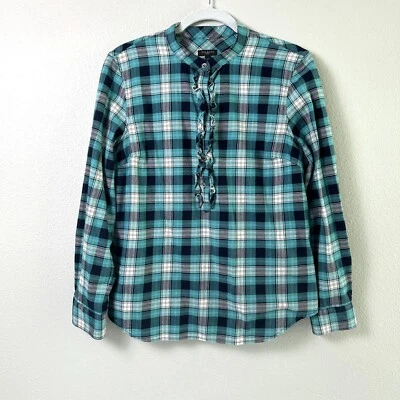 Talbots Top Petite 12 12P Blue Black White Plaid Ruffle Long Sleeve Popover - Image 1 of 4