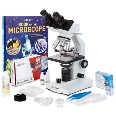 AmScope 40X-2500X Binocular Compound LED Microscope +Slides, Book, and Prep Kit