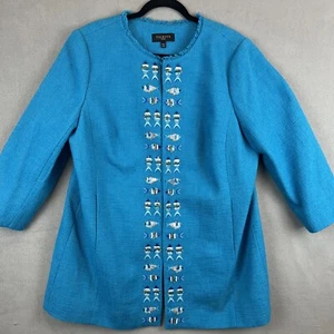Talbots  Open Blazer Plus 14W Blue Sequin Embroidered Fish Fringe Neck - Picture 1 of 18