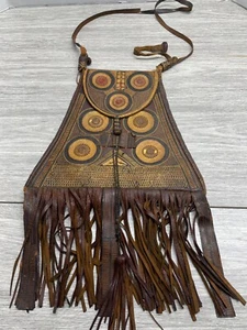 Schöne Vintage Leder Hippie 60 70er Handtasche Geldbeutel Leder Fransen Eule Patte - Bild 1 von 24
