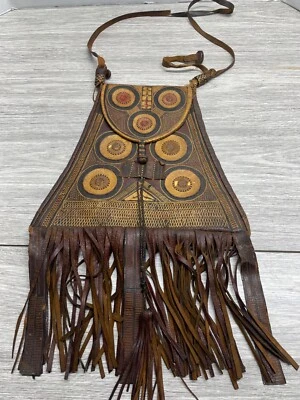 Hermoso Bolso de Mano Vintage Cuero Hippie Años 60 70 Cartera Cuero Flecos Búho Patte Foto 1 de 4