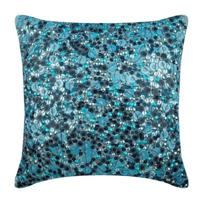 Pillow Cover Blue 16"x16", Couch Decor Silk Sequins Embellished - Sea The Dream - Image 1 of 3
