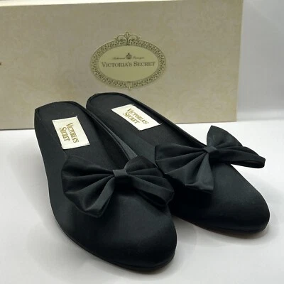 VTG Victoria’s Secret Gold Label Westgate Satin Bow Slipper Shoe Black Boudoir - Image 1 of 4