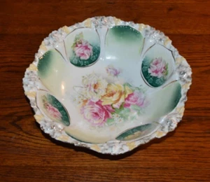 ANTIKE 1880er-1917 RS PREUSSEN 10,25" BLUMENFORM SCHALE ROSENMOTIV & GOLD - Bild 1 von 5