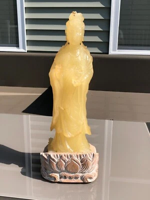 Chinese Carved Yellow Stone Buddhist Guanyin Statue with Base 19" tall - Image 1 of 4