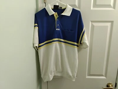 Camisa polo vintage Sasson blanca azul amarilla bloques de color para hombre mediana Foto 1 de 4