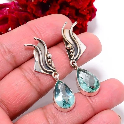 Brinco de prata esterlina 925 feito à mão designer de pedras preciosas apatita 1,56" E98417 - Imagem 1 de 4