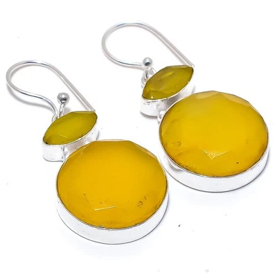 Giallo Onice Gemma Fatto a Mano 925 Argento Sterling Gioielli Orecchino 4.8cm - Immagine 1 di 4