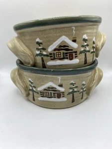 Sonoma Home Lodge Handled Individual Soup Bowls x2 Snowy Log Cabin - Mint - Picture 1 of 5