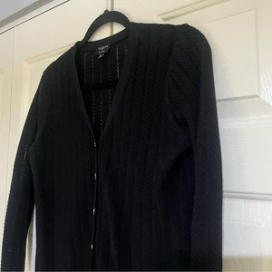 Talbots Cardigan Sweater Button Up Petite Small Black Pima Cotton Pointelle Knit - Picture 1 of 6