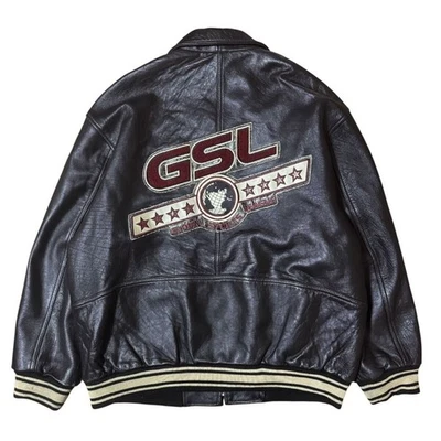 GSL Vintage Big Size Back Logo All Leather Varsity Jacket Black Quilted Liner Ri - Image 1 of 4