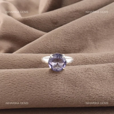 Anillo redondo solitario de piedras preciosas de iolita regalo de Halloween esposa promesa plata de ley Foto 1 de 4