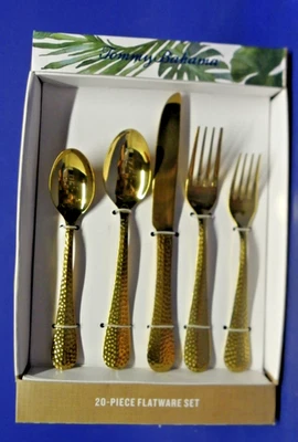 Tommy Bahama 20-Piece Flatware Set Gold Tone Hammered Handles New in Box - Image 1 of 4