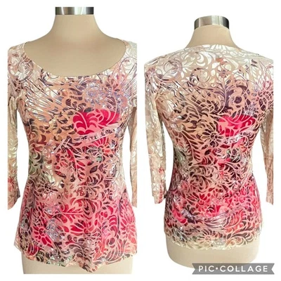 Carrie Allen VTG Floral Velvet Burnout 3/4 Sleeve LARGE Fairy Whimsy Tattoo Art - Image 1 of 4