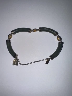 Chinese Sterling Silver Dyed Green Jadeite Good Luck Fortune Bracelet - Image 1 of 4