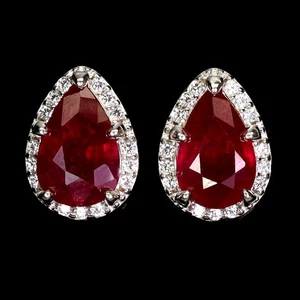 925 Sterling Silver Earrings Pear Ruby 9x6mm Natural Gemstone Jewelry - Picture 1 of 14