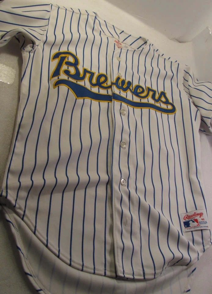 Milwaukee Brewers Baseball Jersey Mens L 42 80s Pinstriped White Rawlings USA - Image 1 of 4