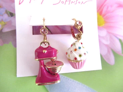 Betsey Johnson Cupcake Mixer Mismatched Earrings Pink and White Dangle Drop NWT - Image 1 of 4