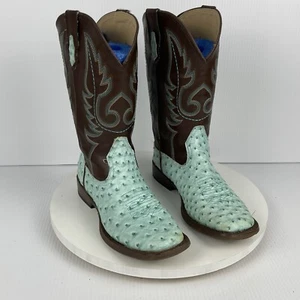 Roper Western Boots Youth's Leather Ostrich Brown Slip On Square Toe Y5 - Picture 1 of 10