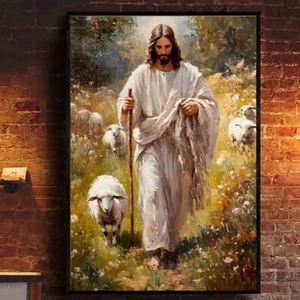 Jesus Walking With The Sheep In The Mountain Sunshine Jesus Cross God Poster - Foto 1 di 5
