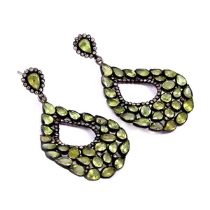 Earring Natural Pave Diamond Peridot Gemstone 925 Sterling Silver Jewelry - Picture 1 of 6