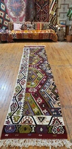 Bohemian 1940s Antique 3x12ft Runner Kilim Rug |Living Room Rug Handmade 3x12ft - Picture 1 of 11