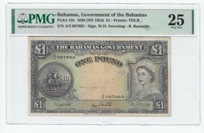 1936  (ND1954)  Bahamas 1L One Pound Note Pick#15b SN#A/3 087893  PMG VF-25 Desc - Image 1 of 2