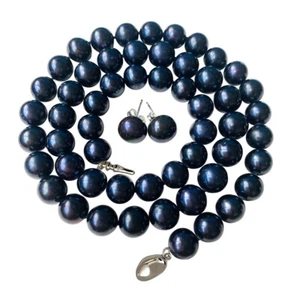 16 Inch Choker Set ROUND 9-10mm Black Pearl Necklace Earring Cultured Freshwater - Picture 1 of 7