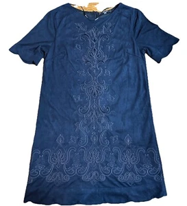 Preowned Miss Me Dress Womens Small Embroidered Faux Suede Shift Deep Blue - Picture 1 of 10