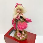 New In Box Long Hair Dahlia Hot Pink Flower Petal Porcelain Doll on Moss Stand