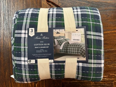Brooks Brothers Cotton Slub Quilt Set – King Size – 3-Piece Navy/Green Plaid NEW - Image 1 of 4