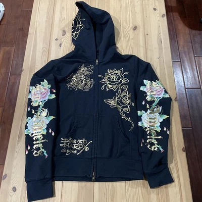 Sudadera Ed Hardy Y2K Negra Sudadera con Capucha Ciudad de Nueva York Recortada Rosa Talla Grande Foto 1 de 4